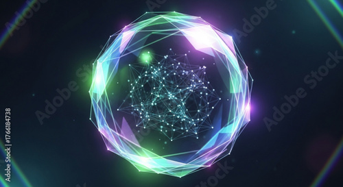 A glowing polygonal sphere with internal network of dots and lines, creating a futuristic and abstract representation of connectivity