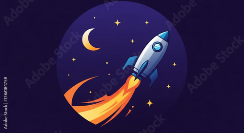 Cartoon rocket launching into space with moon and stars on dark background, symbolizing startup and new business venture