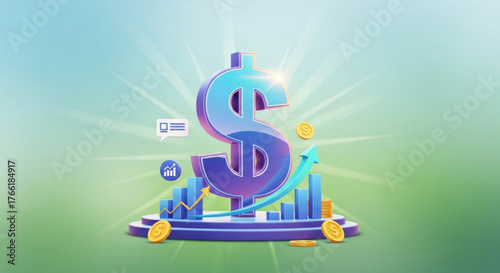 Dollar sign with upward trending graph and coins, illustrating financial growth and investment success, symbolizing economic prosperity and market gains
