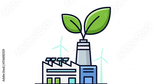 Green energy concept a factory with a plant growing out of it, symbolizing sustainable and ecofriendly industrial practices