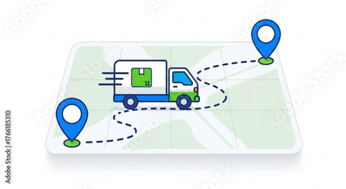 Delivery truck on a map with location pins, illustrating logistics, transportation, and delivery services