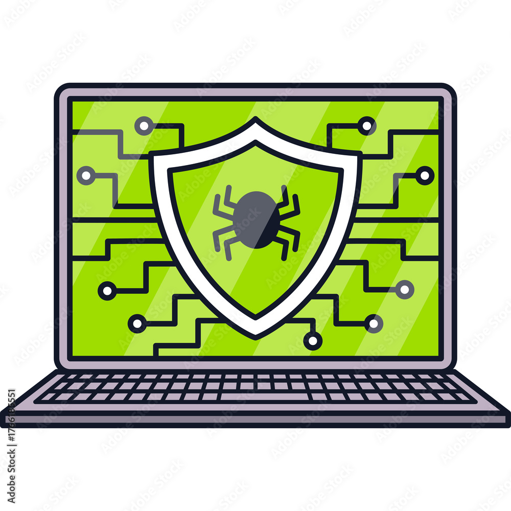Obraz premium Digital Laptop Screen Displays Cyber Security Shield With Bug Icon Over Green Circuit Board Background Inside Modern Computer Device