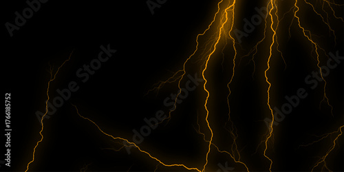 Thunder Stock Image In Black Background. Massive lightning bolt with branches isolated on black background. Dramatic electric lightning. thunder lighting on black sky. 3d illustration, lightning, stor