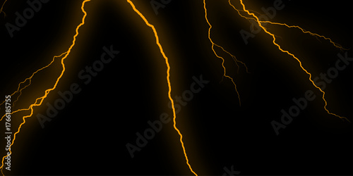 Thunder Stock Image In Black Background. Massive lightning bolt with branches isolated on black background. Dramatic electric lightning. thunder lighting on black sky. 3d illustration, lightning, stor