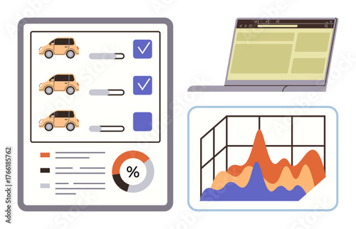 Vehicle selection checklist, interactive analytics chart and laptop browser interface. Ideal for analytics, market research, business strategy, planning, technology, reporting, simple flat metaphor
