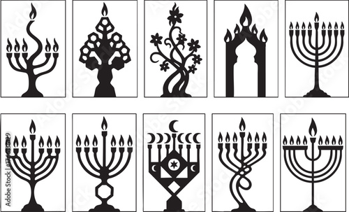 Menorah silhouettes, artistic Hanukkah candle holder designs, Jewish holiday symbols, decorative candelabra set, black and white vector illustration