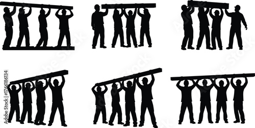 Construction workers silhouettes lifting heavy wooden beams, teamwork cooperation, industrial labor force, building site teamwork concept, professional vector illustration design