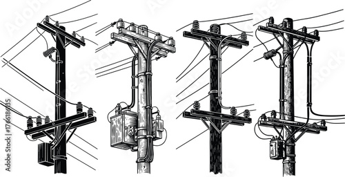 Detailed hand-drawn illustration of electric power poles, energy line structure, vintage electricity infrastructure, industrial technology concept, black and white art