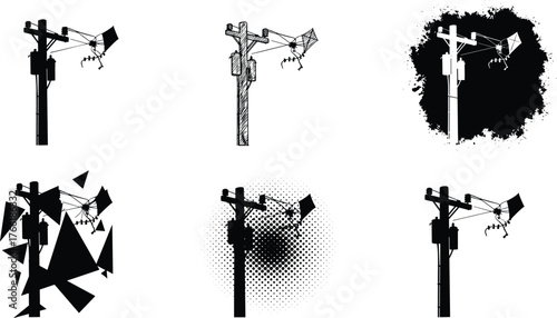 Set of electric power pole vector illustrations, abstract electricity post design with kite accident concept, energy danger graphic art silhouette