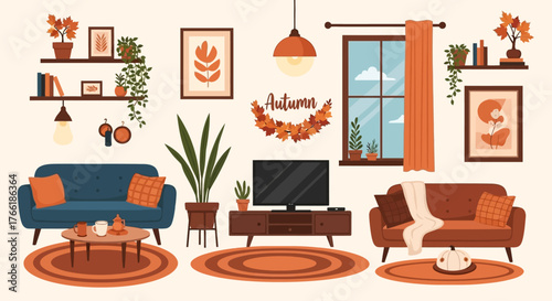 Autumn home decor vector collection cozy living room interior with fall colors, plants, warm lighting, hygge concept, modern flat styl