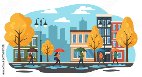Vector flat design of rainy autumn street scene people holding umbrellas