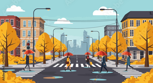 Vector flat design of rainy autumn street scene people holding umbrellas