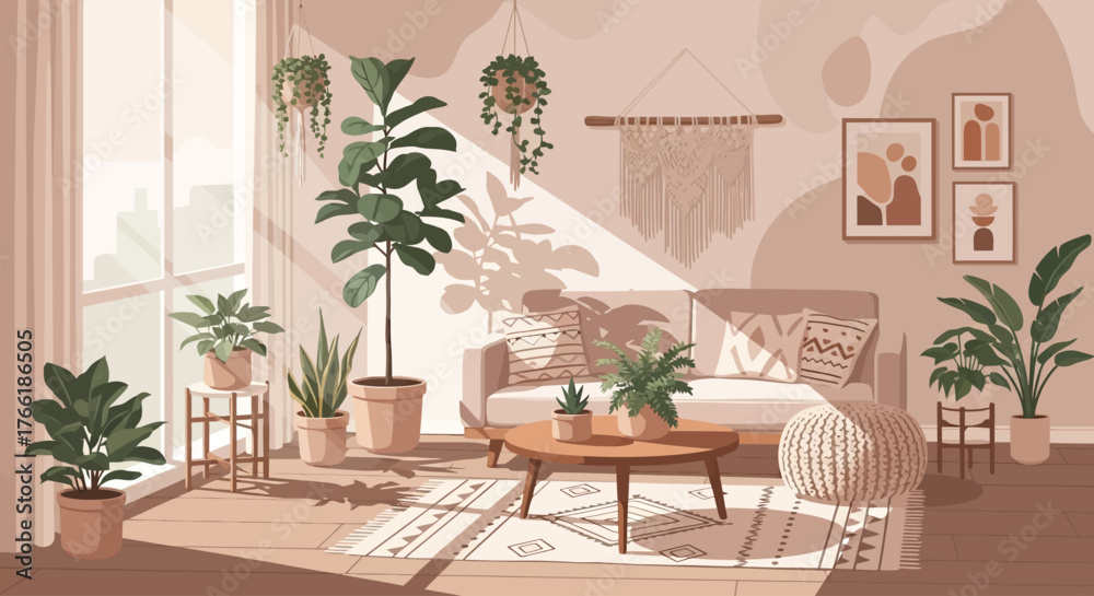 Obraz premium Vector boho interior with spring plants and sunlight cozy neutral tones, minimal flat design