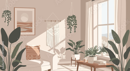 Vector boho interior with spring plants and sunlight cozy neutral tones, minimal flat design