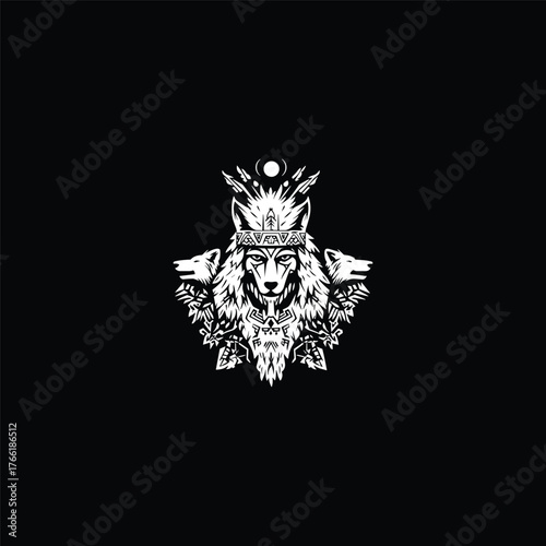 illustration of a central wolf head wearing a Native American-inspired tribal headdress, flanked by two other wolves, with celestial and natural elements like the crescent moon and leaves