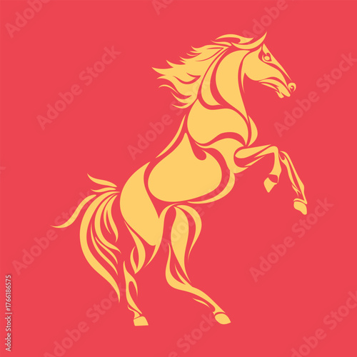 Elegant golden horse silhouette on a red background representing the Chinese Zodiac Horse, symbolizing energy, strength, success, and celebration. Perfect for festive design use.