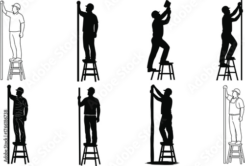 Silhouette construction workers standing on ladder measuring wall height, industrial builders working with tools, construction site safety concept illustration vector