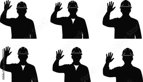 Silhouette construction workers wearing safety helmets waving hands, industrial teamwork concept, engineering professionals gesture illustration, labor safety awareness background vector