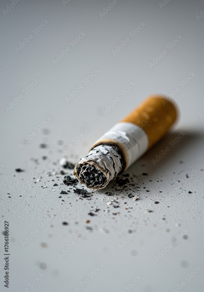 Obraz premium Detail shot of a crushed cigarette end and debris of fine gray ash, harshly contrasting against a pristine white tabletop ,danger ,fine ,paper
