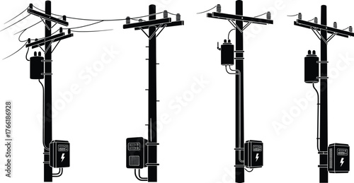 Silhouette illustration of electric utility poles with transformers, power lines, and meters, energy distribution infrastructure concept for industrial and urban electricity systems