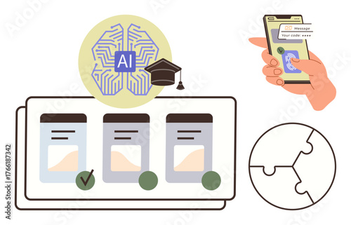 Neural network graphic with graduation cap, app-based authentication, decision-making icons, and puzzle. Ideal for AI, education, cybersecurity, innovation, technology tools problem-solving digital