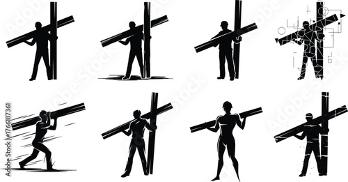 Silhouette illustration of people carrying cross, spiritual burden, abstract style, Christian symbolism, faith journey, struggle, sacrifice, digital art concept