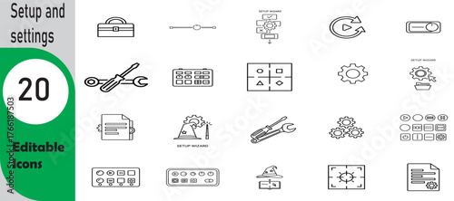 Collection of 20 editable line art icons representing settings tools and various technical concepts for web and app design