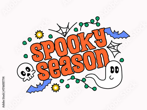 Cartoon vector illustration featuring the phrase Spooky Season in bold orange letters surrounded by Halloween themed elements design includes a smiling ghost, skull, bats, spider webs, and green vine