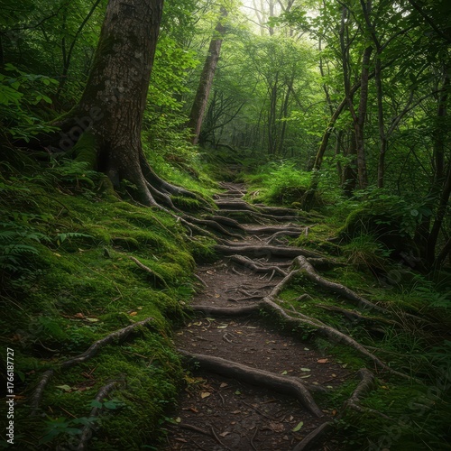 A winding, brambly path created by ancient, gnarled tree roots weaving across the mossy forest floor beneath a dense green canopy ,earthy ,landscape ,green