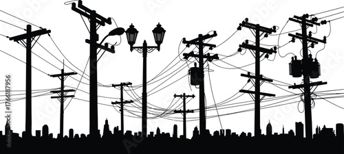Urban power line poles silhouette, city skyline background, electrical transformer illustration, streetlight and wire connection network vector art design.