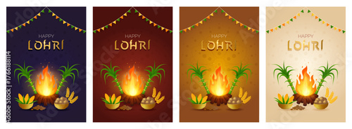 Lohri festival indian fire harvest posters set with bonfire, sugarcane, corn and more. Punjabi festive collection with devotion, bhangra and traditional indian folk art. Vector illustration