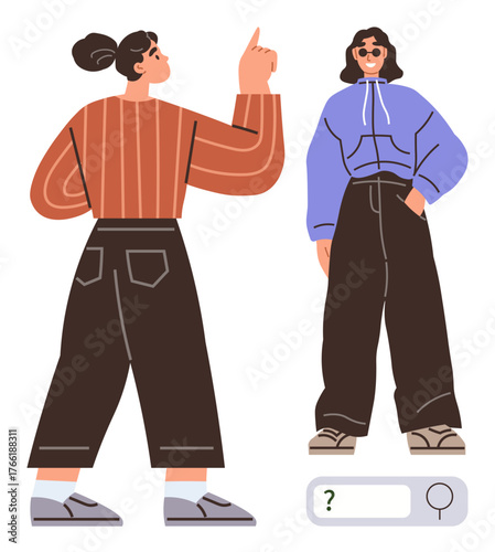 Woman gesturing toward person in casual outfit while pondering question. Ideal for communication, expression, fashion, individuality, curiosity, identity, problem-solving. Minimalistic flat metaphor