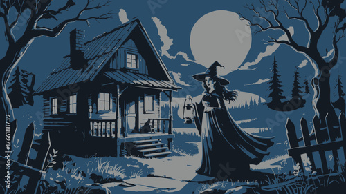Enchanting witch with lantern near cabin under moonlight, perfect Halloween scene, mysterious, spooky, and magical, ideal for storybook or seasonal designs