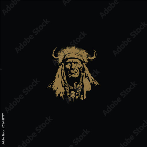 Striking illustration of a dignified Native American Chief, Elder, or Shaman wearing a traditional tribal headdress with feathers and small horns, and intricate beadwork jewelry