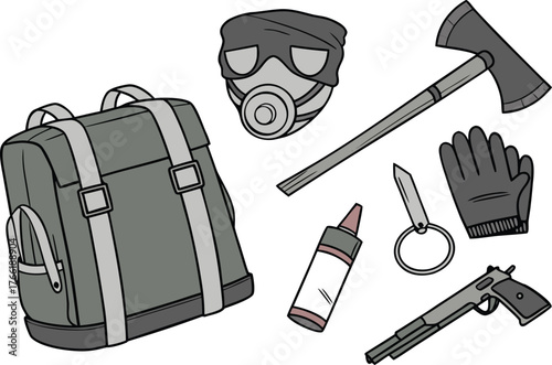 Essential survival gear including backpack, gas mask, axe, gloves, and pistol for post apocalyptic scenarios or tactical preparedness
