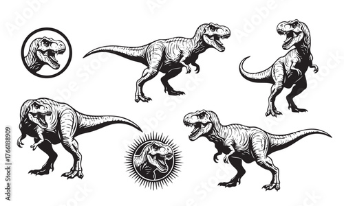 Powerful set of Tyrannosaurus Rex dinosaurs in aggressive poses, featuring profile and circular badge designs. Animals.