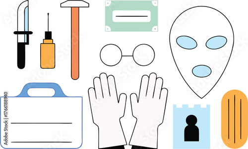 Discover a playful collection of crime scene investigation tools, alien mask, and curious objects, perfect for creative projects and imaginative storytelling.