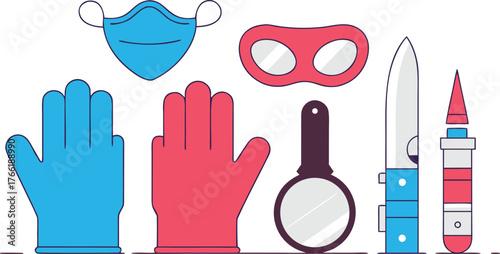 Essential protective gear and investigative tools for modern safety and discovery including masks gloves and magnifying glass
