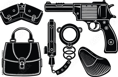 Law enforcement and security icons a handgun handcuffs baton and tactical pouch create a powerful visual for crime prevention and justice themes