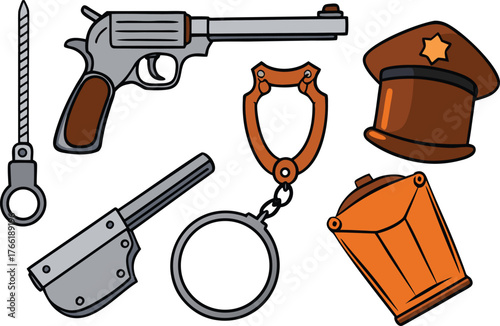 Dynamic police equipment icons including handcuffs, revolver, badge, and hat for law enforcement themes