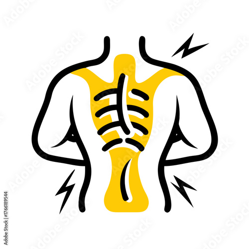 A minimalist line icon of a person's back with yellow highlights and pain indicators, symbolizing back pain or spinal issues. Ideal for health blogs
