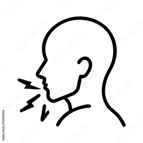 Line icon of a person's head in profile with lightning bolts from the mouth, symbolizing speaking, shouting, communication, or a sore throat. Use for medical and communication blogs/sites.