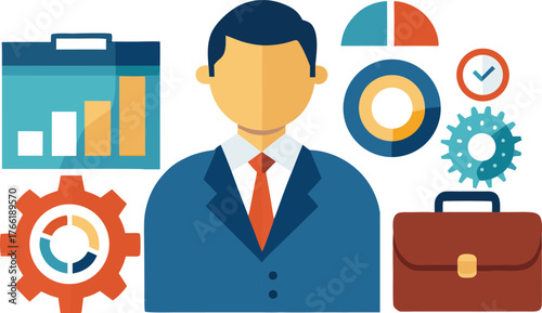Professional businessman with briefcase and business analytics graphics representing success and efficiency in modern corporate environment
