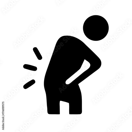 Black solid glyph icon of a person bent over, clutching their lower back, with radiating lines indicating sharp pain, symbolizing a back injury, strain, or chronic pain.