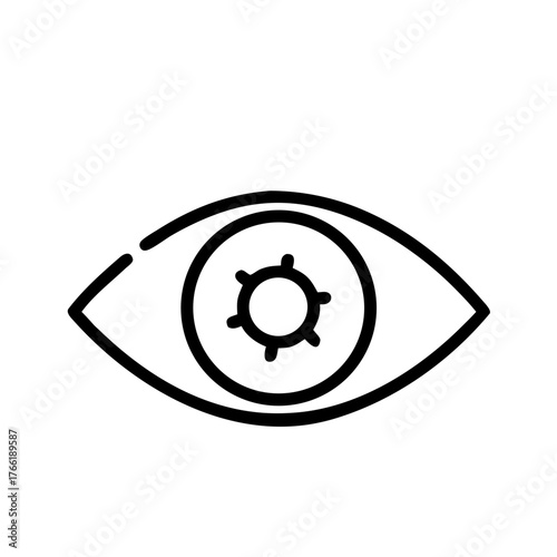 line-art icon of a human eye with a virus or gear symbol inside the iris, representing surveillance, viral tracking, security, or a medical eye condition.