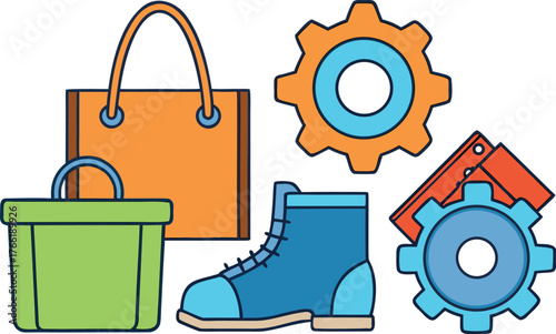 Vibrant collection of modern icons representing shopping, industry, and footwear for diverse commercial projects