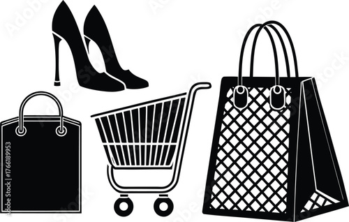 Stylish high heels, shopping bags, and a cart symbolize consumerism and retail therapy, perfect for fashion and commerce themes.
