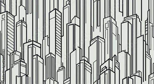 Abstract monochrome cityscape illustration featuring a dense cluster of towering skyscrapers rendered in a minimalist line art style
