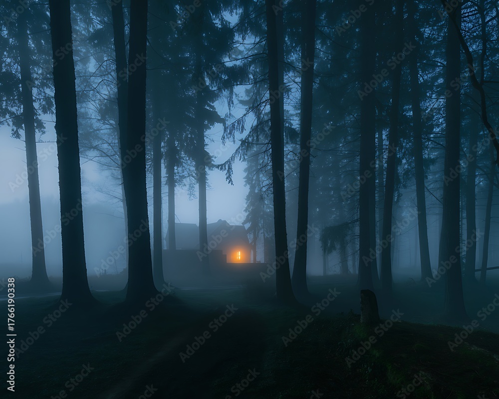 Obraz premium Mysterious glowing light in a foggy forest at dusk