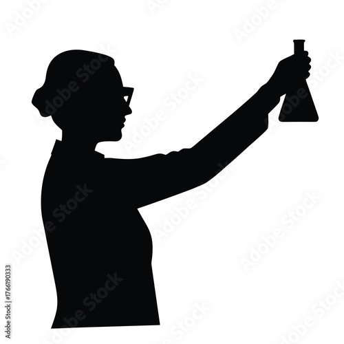 Silhouette of a scientist wearing glasses holding up a flask in a laboratory setting
